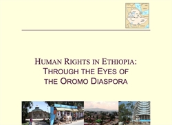 [ai] A document cover titled 'Human Rights in Ethiopia: Through the Eyes of the Oromo Diaspora' featuring a map of Ethiopia in the upper right corner and a collage of images depicting urban scenes and people in Ethiopia.